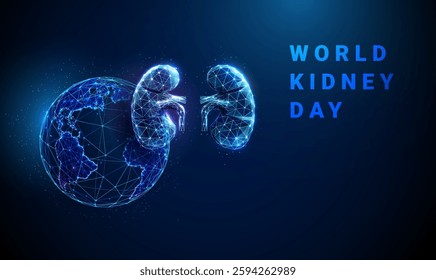 Abstract blue human kidneys with planet Earth. World kidney Day banner. Kidneys health awareness and global medical campaigns concept. Low poly. Geometric background. Wireframe graphic. Vector