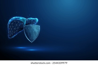 Abstrato fígado humano azul atrás do escudo de guarda azul futurista. Proteção do fígado. Conceito médico de assistência médica. Estilo de poli baixo. Fundo geométrico. Estrutura de conexão de estrutura de arame. Vetor.