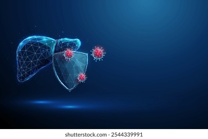 Abstract blue human liver behind the futuristic guard shield attacted by red viruses. Lungs protection. Healthcare medical concept. Low poly style. Geometric background. Wireframe connection. Vector.