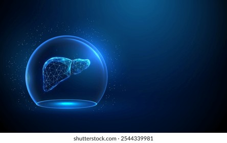 Abstrato fígado humano azul dentro de uma cúpula de vidro Escudo de esfera neon Proteção médica conceito médico. Estilo politicamente baixo futurista. Fundo geométrico. Conexão de luz wireframe. Ilustração vetorial