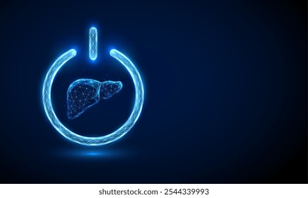 Abstractas hígado humano azul dentro de un Botón de energía. Concepto de protección de la salud humana. Estilo de neón de tecnología digital futurista de baja poli. Fondo geométrico. Estructura de luz de alambre 3d gráfico. Vector.