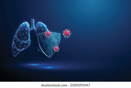 Pulmões humanos azuis abstratos atrás do escudo de guarda futurista atacado por vírus vermelhos. Proteção dos pulmões. Conceito médico de assistência médica. Estilo de poli baixo. Fundo geométrico. Conexão wireframe. Vetor.