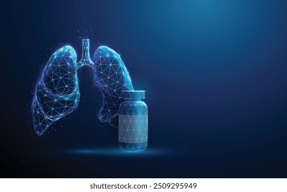 Abstrato pulmões humanos azuis com garrafa. Doenças respiratórias, virais e pulmonares, proteção do sistema de saúde, prevenção de doenças pulmonares com conceito de medicação. Fundo geométrico poli baixo. Wireframe. Vetor.