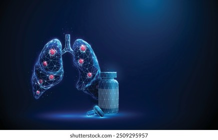 Abstractas pulmones humanos azules con botella, píldoras médicas y virus rojos en el interior. Enfermedades respiratorias y pulmonares virales, concepto médico de protección de la salud. Fondo geométrico de bajo poli Vector de alambre.
