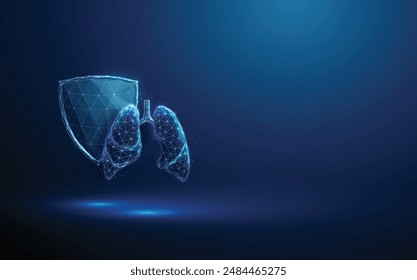 Abstract blue human lungs, futuristic guard shield. Healthcare protection medical concept. Low poly futuristic digital technology neon style. Geometric background Wireframe connection structure Vector