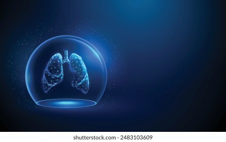 Abstractas pulmones humanos azules dentro de una cúpula de vidrio. Escudo de neón. Concepto médico de protección sanitaria. Estilo futurista de bajo poli. Fondo geométrico. Estructura de conexión de luz de malla. Vector.