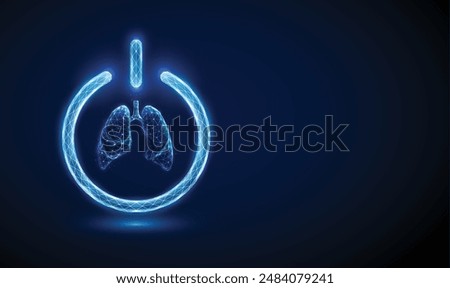 Abstract blue human lungs inside a power button. Human health protection concept Low poly futuristic digital technology neon style. Geometric background. Wireframe light structure. 3d graphic. Vector.