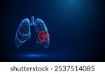 Abstract blue human lungs with red target sign. Lungs anatomy. Lung disease, diagnosis, treatment, healthcare medical concept. Low poly. Wireframe light connection structure Modern 3d graphic. Vector.
