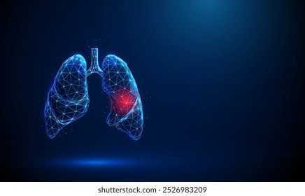 Abstrakte blaue menschliche Lungen mit rotem Kreis im Inneren. Lungenanatomie. Lungenerkrankung, Diagnose, Behandlung, medizinisches Konzept. Low-Poly. Drahtgitter-Lichtverbindungsstruktur Moderne 3D-Grafik-Vektor