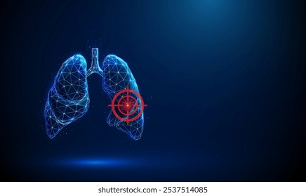 Pulmones humanos azules Abstractas con signo de blanco rojo. Anatomía pulmonar. Enfermedad pulmonar, diagnóstico, tratamiento, concepto médico de atención médica. Baja poli. Estructura de conexión de luz Wireframe Gráfico 3D moderno. Vector.