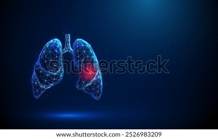 Abstract blue human lungs with red circle inside. Lungs anatomy. Lung disease, diagnosis, treatment, healthcare medical concept. Low poly. Wireframe light connection structure Modern 3d graphic Vector
