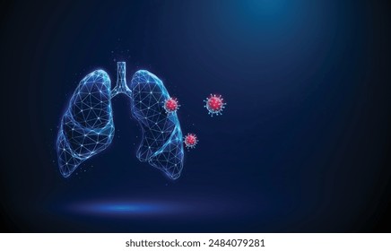 Abstract blue human lungs wih red viruses outside Respiratory and viral lung diseases, healthcare protection medical concept Low poly futuristic technology style Geometric wireframe background Vector.