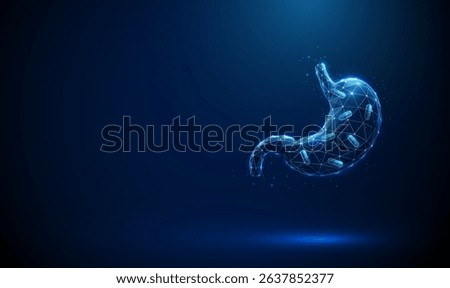 Abstract blue human stomach with capsules inside. Medication therapy for gastric health. Treatment of digestive disorders, gastric protection, pharmaceutical care concept. Wireframe low poly. Vector.