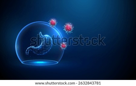 Abstract blue human stomach inside a glass dome attacked by red viruses Stomach protection, viral infection, digestive disease, treatment concept Low poly style Geometric background. Wireframe. Vector