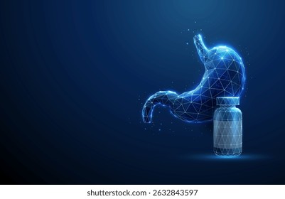 Estómago humano azul Abstractas junto a un frasco de medicina. Concepto de atención sanitaria y tratamiento. Alivio gástrico, farmacoterapia, Asistencia del sistema digestivo. Estructura de alambre de bajo estilo poli. Atención farmacéutica. Vector.