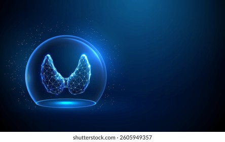 Abstract blue human thyroid gland inside a glass dome. Neon sphere shield. Healthcare protection medical concept. Futuristic low poly style. Geometric background. Wireframe light connection. Vector.