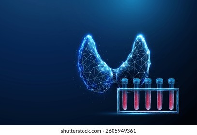 Abstract blue human thyroid gland and blood sample rack. Blood analysis and thyroid health, medical diagnostics concept. Low poly style. Geometric background. Wireframe light graphic structure. Vector