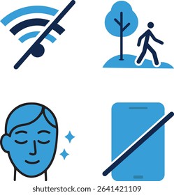Abstract Blue Icon Set. No Wi-Fi, Outdoor Walk, Skin Care, and Phone Off.