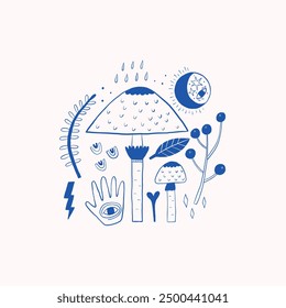 Abstract blue illustration featuring mushrooms, nature elements, and eye symbol on light background. Artistic and mystical design