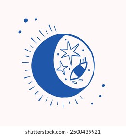Abstract blue illustration of a moon with stars and an eye design on a light background, evoking mystical and celestial themes