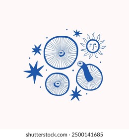 Abstract blue illustration with stars, the sun, and circular shapes mushrooms on a light background, evoking a surreal and cosmic theme.