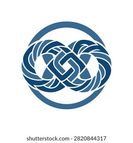 Abstract blue infinity symbol with intertwined woven loops enclosed in a circular frame