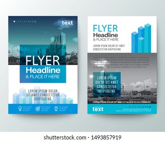 abstract blue isometric shape graphic with space for photo background. Brochure cover Flyer Poster design Layout vector template in A4 size, Real estate flyer