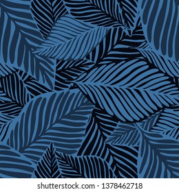 Abstract blue jungle print. Exotic plant. Tropical pattern, palm leaves seamless vector floral background.