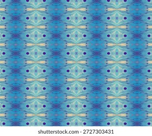 Padrão de caleidoscópio azul abstrato com simetria espelhada e texturas fluidas, perfeito para fundos artísticos, designs digitais e visuais criativos.