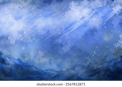 Abstract blue landscape, watercolor texture, soft clouds, serene atmosphere, artistic background, calming design.