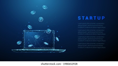 Abstract blue laptop with falling coins. Low poly style design. Business startup concept. Geometric background. Wireframe light connection structure. Modern 3d graphic. Vector illustration.coins