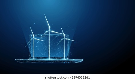 Abstract blue laptop with wind turbines. Renewable power generation. Green energy concept. Low poly style design. Geometric background. Wireframe light connection structure. Modern 3d graphic. Vector.