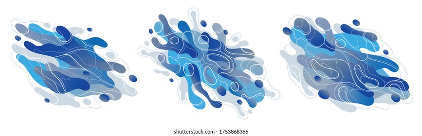 Abstract blue lava fluids vector illustrations set, bubble gradients shapes in motion, artistic background graphic elements collection, dynamic modern art liquid forms flowing.
