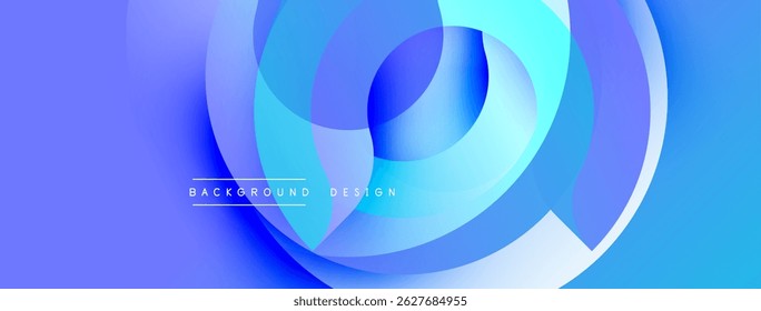 Camadas azuis abstratas criam um padrão circular dinâmico. Óculos de gradiente sugerem profundidade, elementos de design modernos presentes.