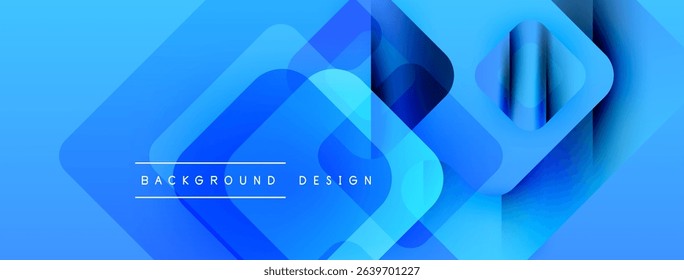 Abstract blue layers create dynamic composition. Geometric shapes overlap, forming modern background design. Gradient hues add depth.