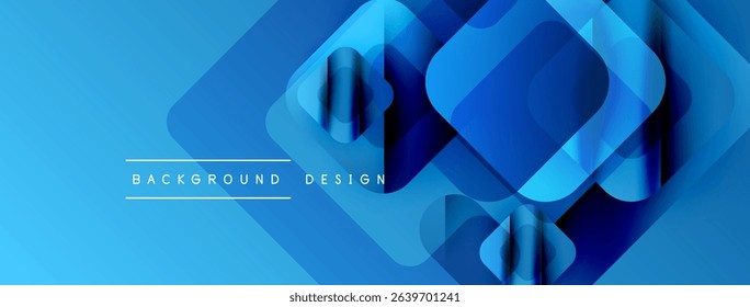 Abstract blue layers create dynamic composition. Geometric shapes overlap, forming modern background design. Smooth gradients enhance visual depth.
