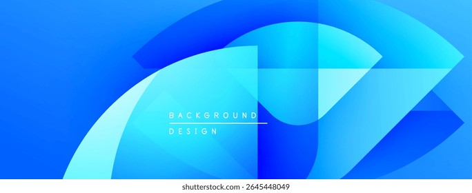 Camadas azuis abstratas criam efeito visual dinâmico. Elementos de design modernos sugerem tecnologia, inovação, fluidez. Gradientes brilhantes oferecem profundidade.