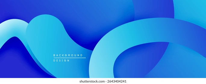 Abstract blue layers create flowing shapes. Gradient shades offer depth, modern aesthetic. Minimalist design suitable for backgrounds.