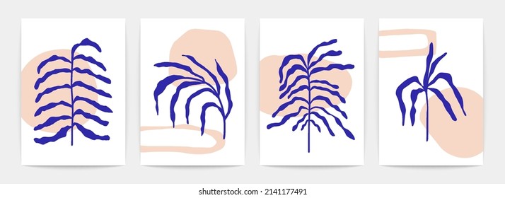 Abstract blue leaf posters. Matisse inspired contemporary minimalistic shapes, botanical wall art. Vector illustration