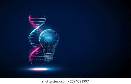 Abstract blue light bbulb, blue and purple 3d DNA molecule helix. Biotechnology engineering concept. Low poly style. Geometric background. Wireframe light connection structure Modern 3d graphic Vector