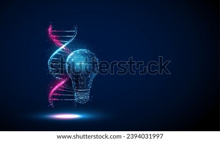 Abstract blue light bbulb, blue and purple 3d DNA molecule helix. Biotechnology engineering concept. Low poly style. Geometric background. Wireframe light connection structure Modern 3d graphic Vector