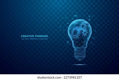 Abstract blue light bulb and cog wheels. Creative Thinking or Business Innovation concept. Digital gears inside polygonal lightbulb in polygons and lines. Technology 3D vector illustration.
