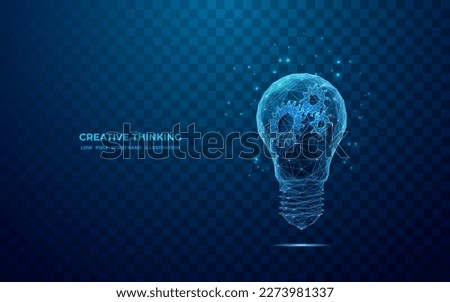 Abstract blue light bulb and cog wheels. Creative Thinking or Business Innovation concept. Digital gears inside polygonal lightbulb in polygons and lines. Technology 3D vector illustration.
