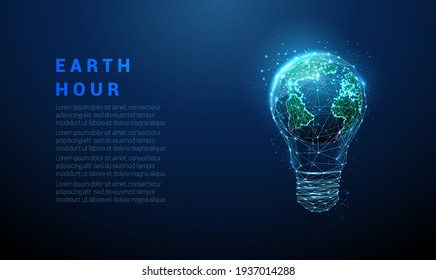 Abstrakte blaue Glühbirne mit der Erde im Inneren. Ökologie der Erd-Stunde Low-Poly-Design. Geometrischer Hintergrund. Verbindungsstruktur für die Wireframe-Beleuchtung. Moderne 3D-Grafik. Vektorgrafik