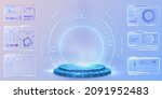 Abstract blue light effect background. Futuristic lab with 3D circle and HUD elements interface. Blank Hologram for show your product. Circle technology portal. Vector illustration