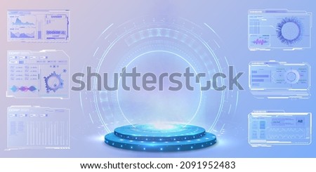 Abstract blue light effect background. Futuristic lab with 3D circle and HUD elements interface. Blank Hologram for show your product. Circle technology portal. Vector illustration