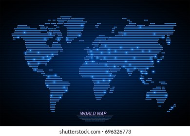 Abstract blue light horizontal lines in form of Earth world map. Business communications and travel concept. World map line art flat style, vector illustration.