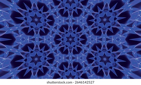 Um padrão caleidoscópio azul abstrato projetado para impacto visual máximo com ressonância vibrante. Efeito caleidoscópio impressionante e surpreendente. Ilustração vetorial.