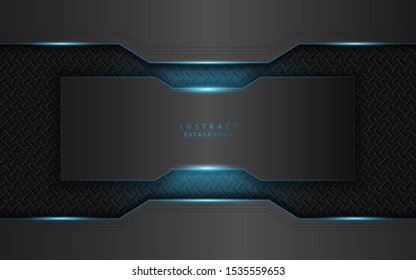 Abstract blue light metal shapes on dark background. Iron technology modern vector concept for use wallpaper, theme, cover, banner, frame, corporate, card, advertising