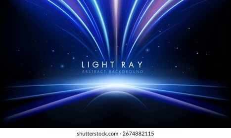 Abstractas rayos de luz azul que estallan desde un horizonte brillante. Fondo futurista del espacio y la tecnología.